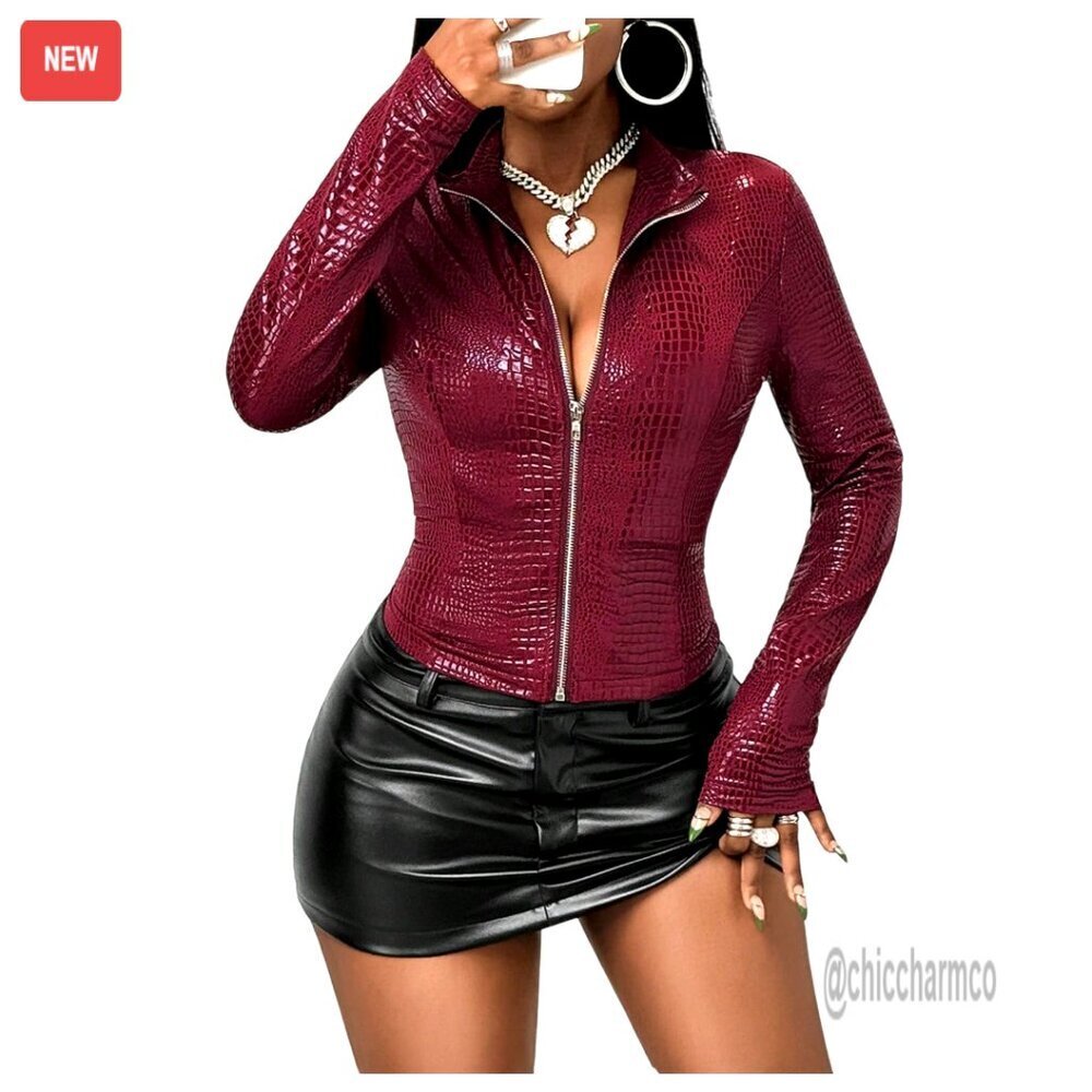 Faux Leather Jacket Zip Up Stand Collar Long Sleeve Fitted Outerwear